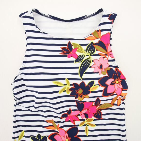Lands End Tankini Top White Navy Striped Floral Print Round Neck Sleeveless 6 - Picture 2 of 9